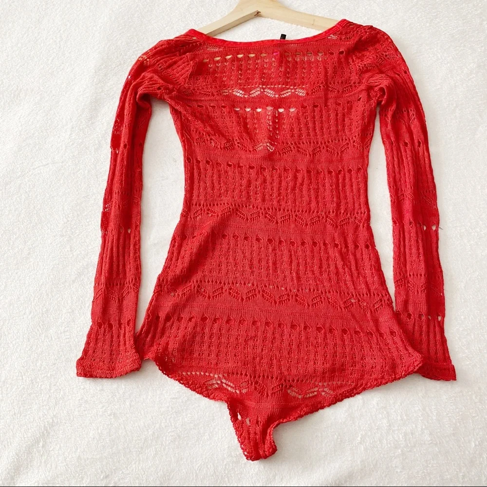 Red Crochet Henley Neckline Bodysuit